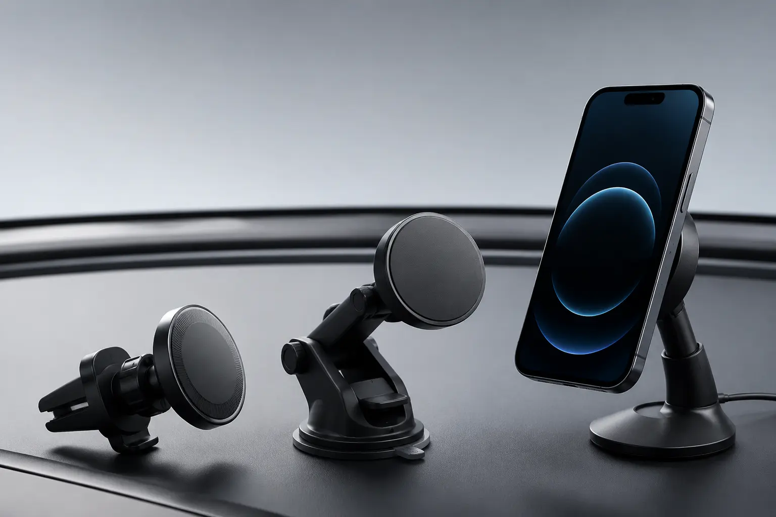 Vent, dashboard and magnetic charging car phone mounts