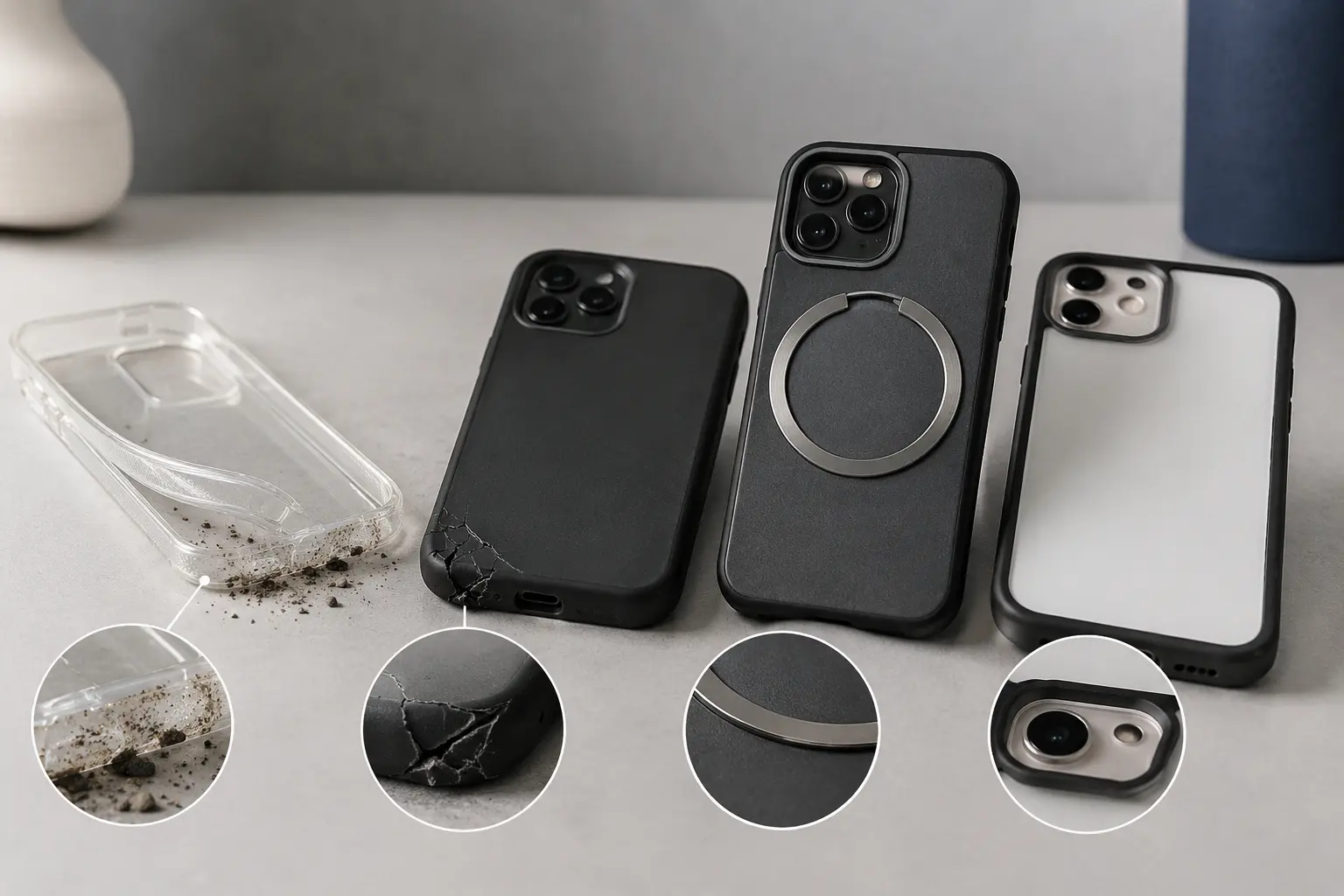 Examples of trapped grit, case wear and magnetic-ring misalignment