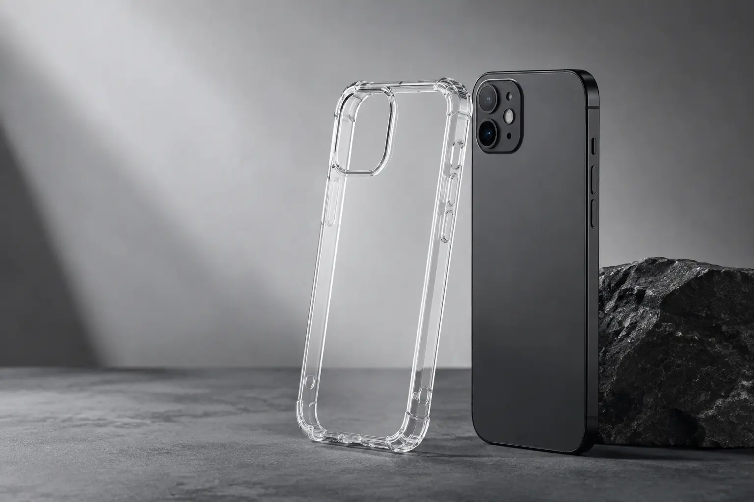 A reinforced clear phone case beside a smartphone