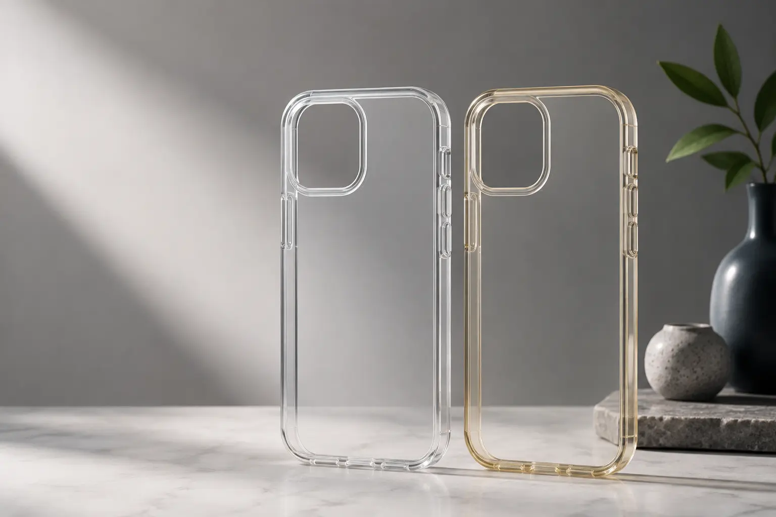 A clear phone case compared with a subtly yellowed older case