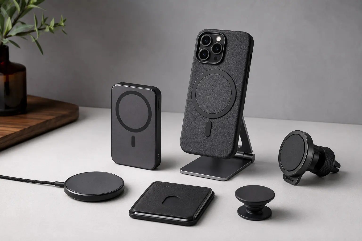 Magnetic phone charger, wallet, stand, grip and car mount accessories
