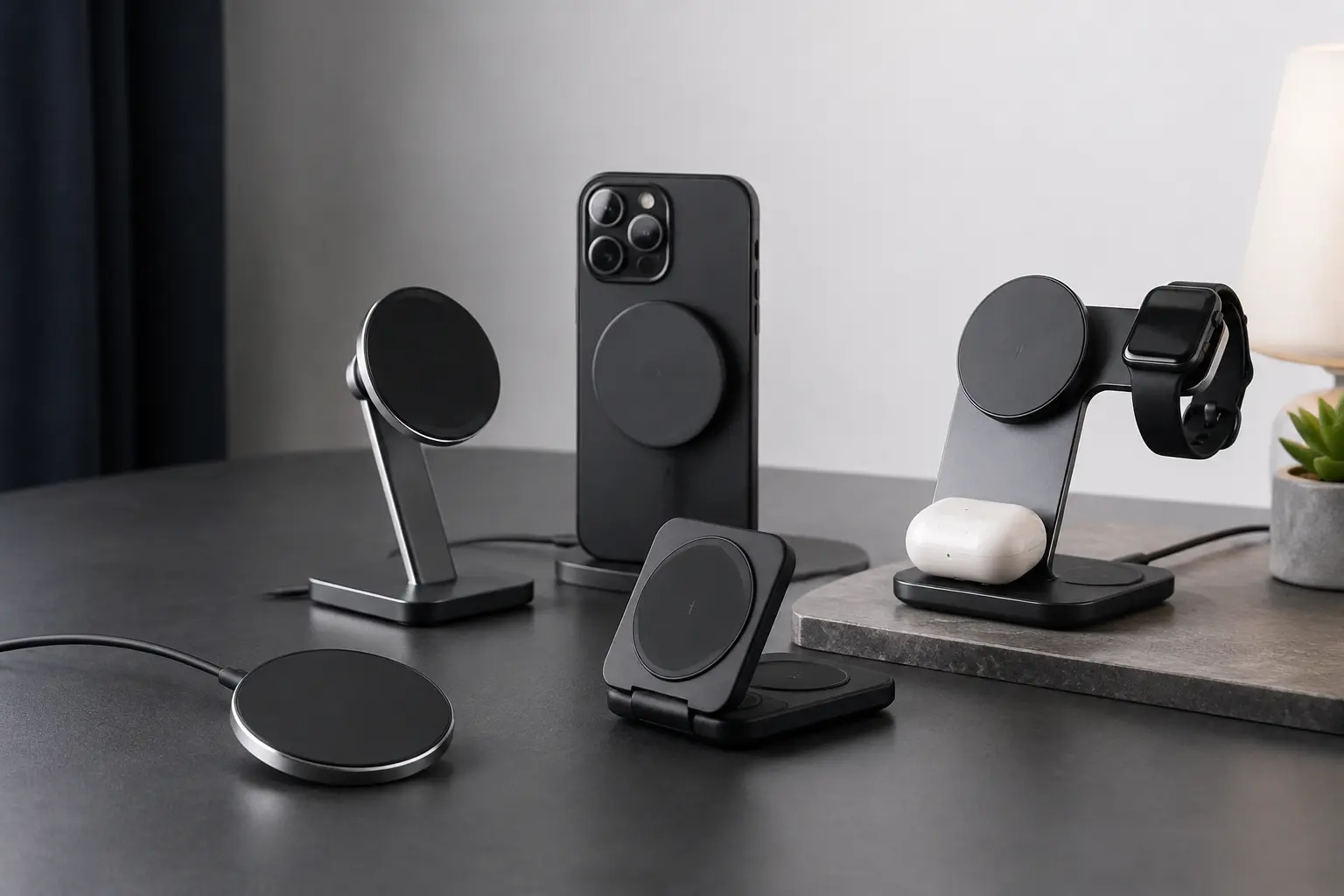 Magnetic charging pucks, stands and multi-device charging stations