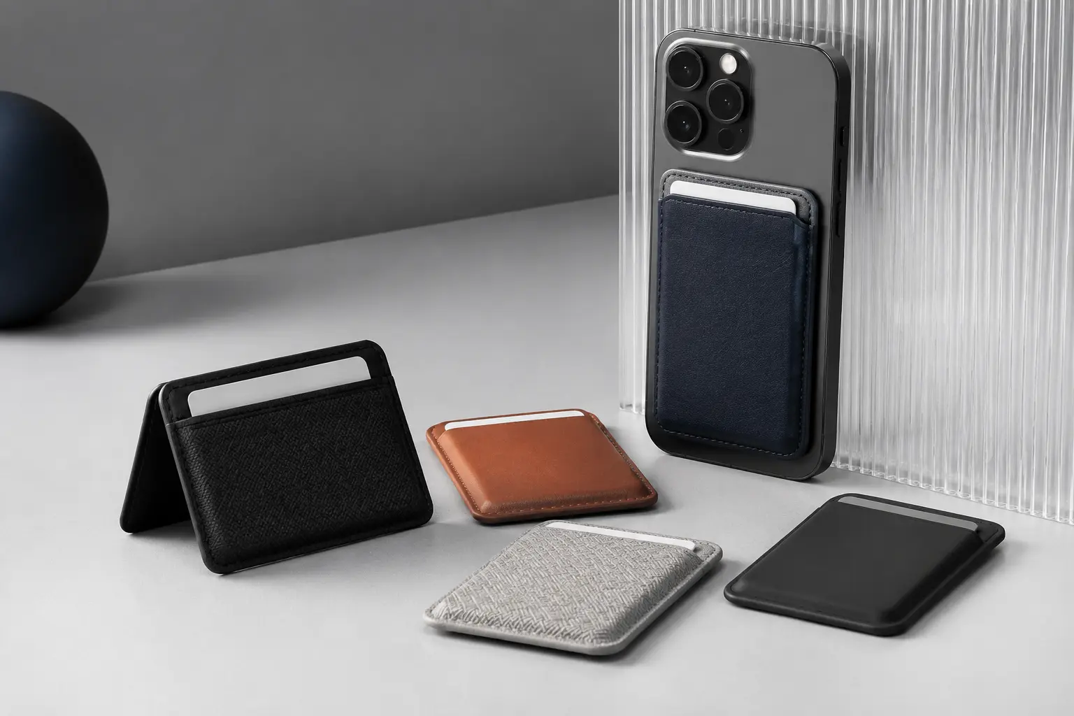 Magnetic phone wallets in leather, fabric and polymer finishes
