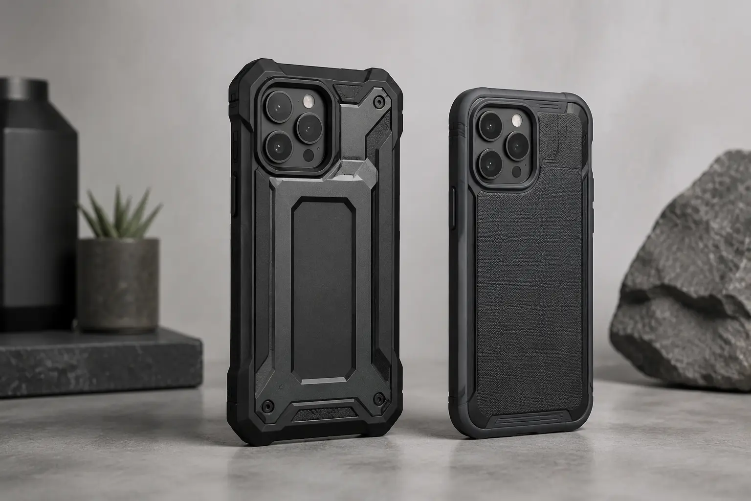 A heavy-duty rugged case and a slimmer protective case compared