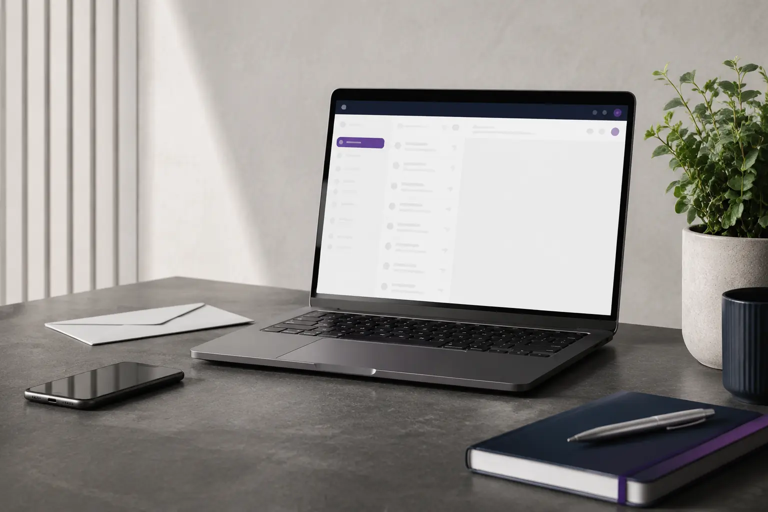 A welcoming editorial contact workspace with a laptop and phone