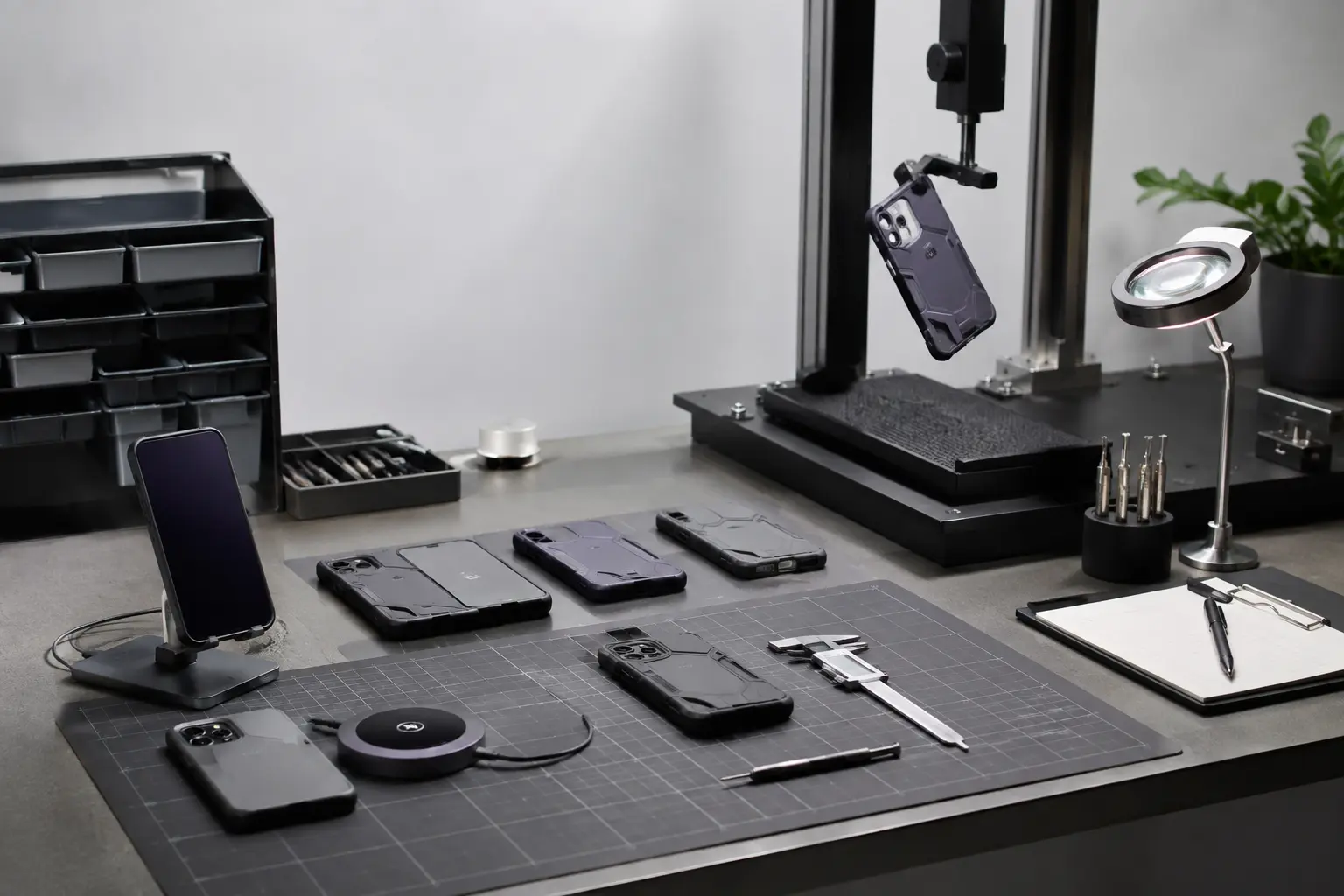 Phone cases, measuring tools and a controlled testing bench