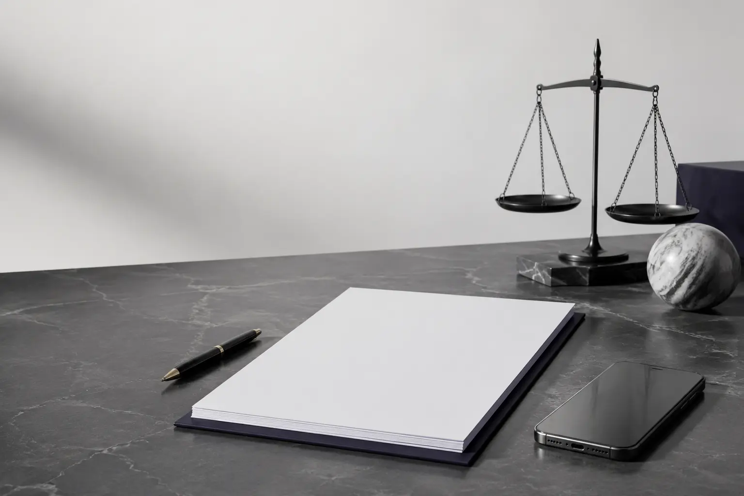 A smartphone beside policy documents and a balance scale