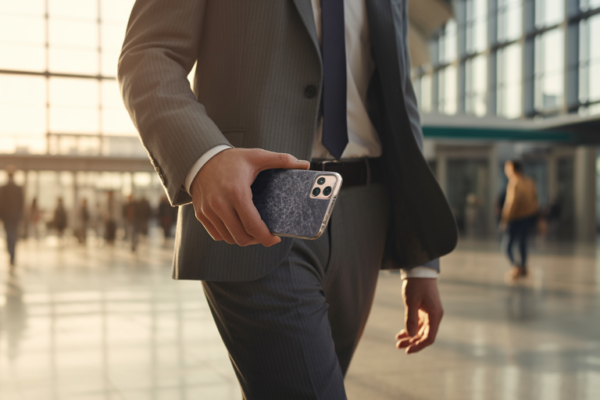 Person holding phone with slim grippy case.