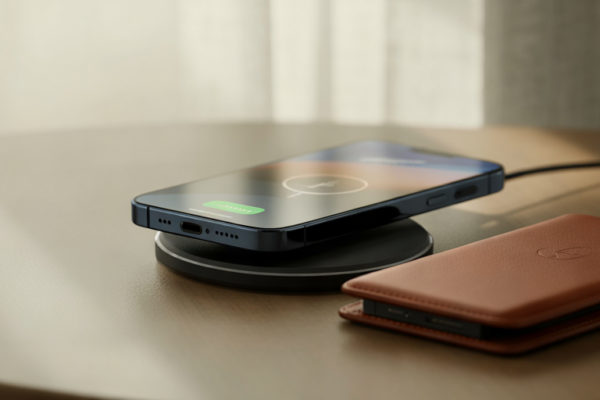 iPhone charging wirelessly beside MagSafe wallet.